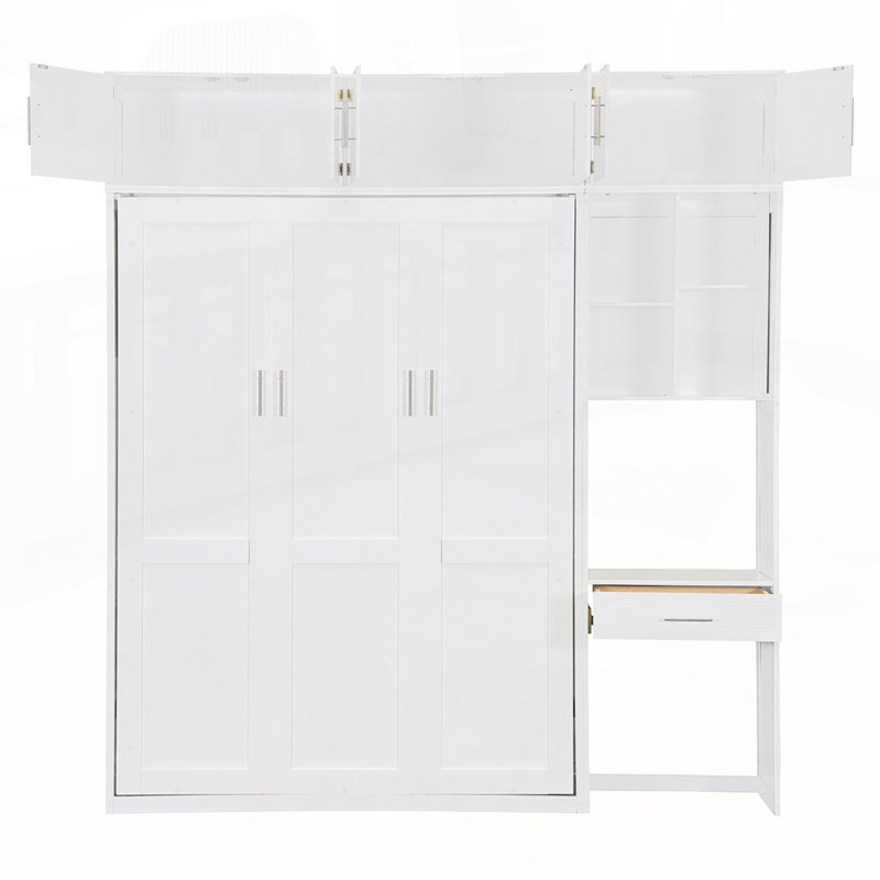 Lit escamotable polyvalent peu encombrant avec rangement et bureau intégrés, Double, Blanc