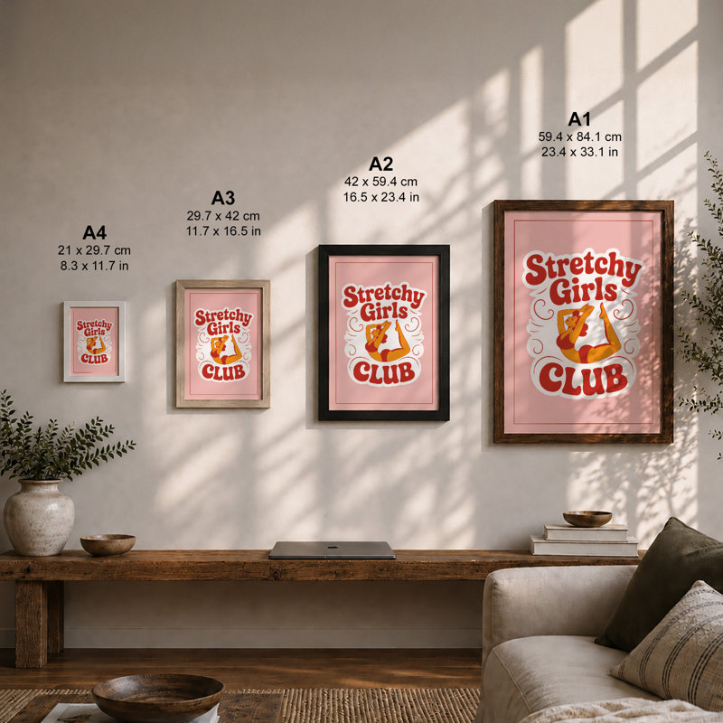 Stretchy Girls Club Typography - Framed Print, A3 - 42.0 x 29.7 cm, Oak