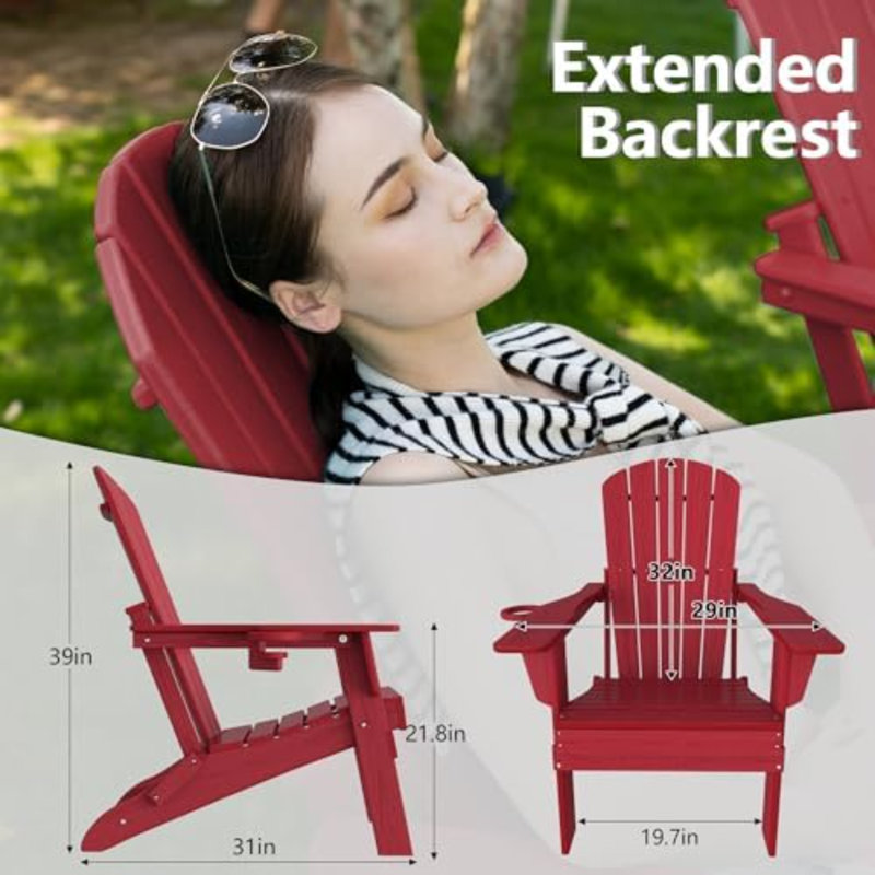 Folding Adirondack Chair Set Of 4, SGS Tested, Wooden Textured With Cup Holder, Heavy All-Weather HDPE Comfortable Set Poolside Backyard Lawn,Red