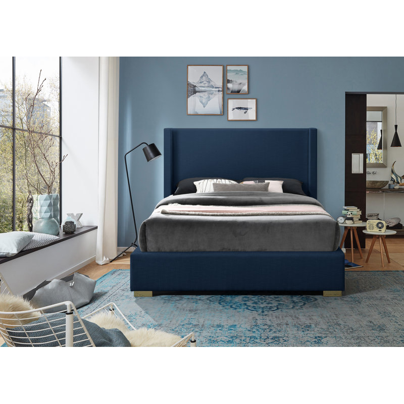 Lit plateforme tapissier Royce, Grand, Tissu texturé en lin bleu marine