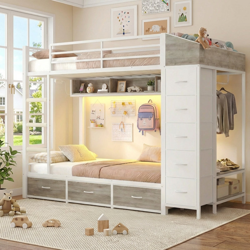Bunk Bed Twin Over Twin with 8 Storage Drawers and Power Outlets, LED Twin Bunk Beds with Hall Tree and Shelves, Metal Loft Beds with Safety Guardrail & Ladder for Dorms, Kids, White