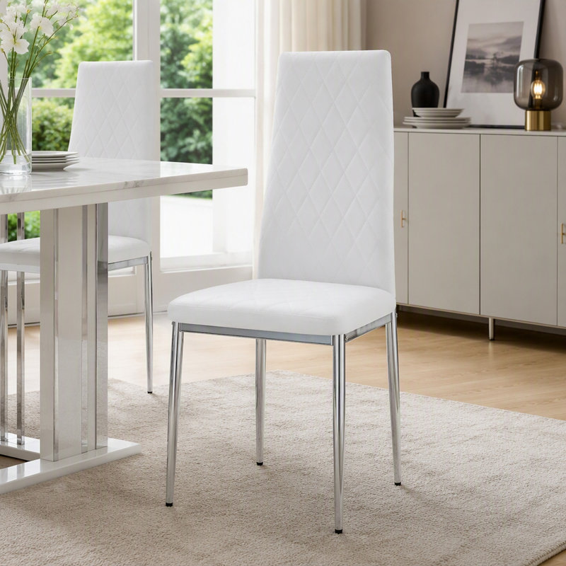 Ensemble de 6 chaises de salle à manger modernes, revêtement en similicuir capitonné en losanges, dossier haut, pieds en chrome poli, chaises d'appoint contemporaines rembourrées