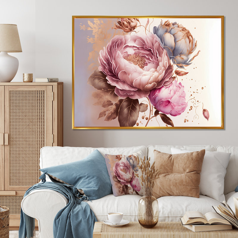 «Pink and Gold Rose I», reproduction sur toile, H 12 po x l 20 po x P 1 po, Cadre flottant doré