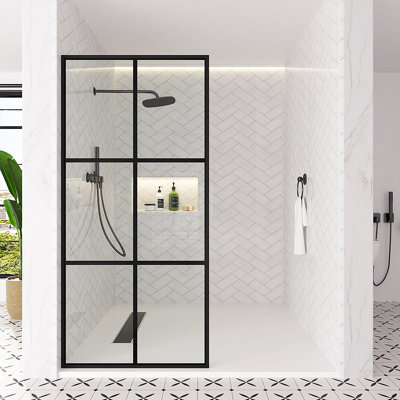  Nyssa 34 In. W X 72 In. H Framed Fixed Shower Screen Door In Matte Black With 5/16 In. (8Mm) Patterned Glass