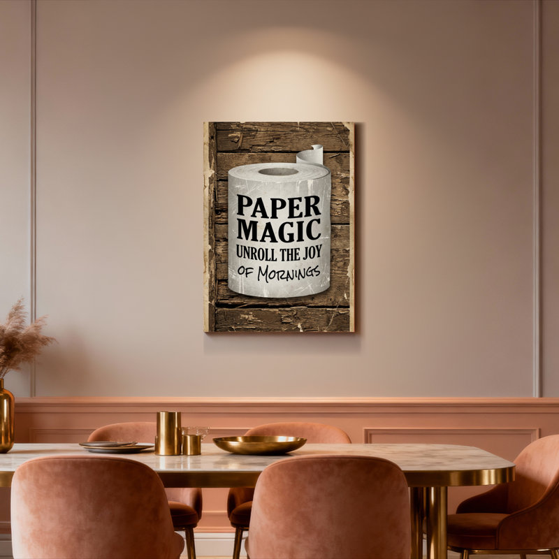 Rouleau de papier de toilette magique en papier sur fond de bois, toile tendue sur châssis, ensemble de 1, H 36 po x l 24 po