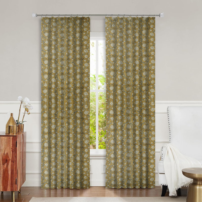 Elegant Pinch Pleated Thick Linen Floral Block Print Curtain, Brown and Gray, Farmohouse Offices and Patios Blackout Room Darkening Drape, Aradhna