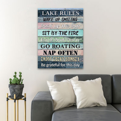 Inspirational Quotes About The Lake - Lake Rules Wake Up Smiling Soak Up The Sun - 1 Piece Rectangle Graphic Art Print On Wrapped Canvas