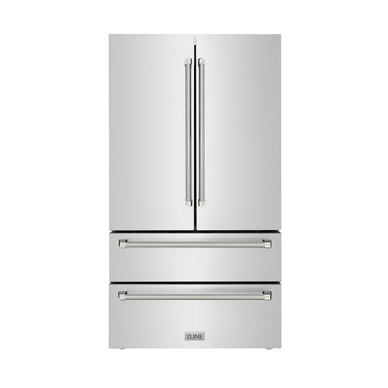 ZLINE Autograph 36 in. Counter-Depth Refrigerator in Stainless Steel and Nickel Helix Handles, Polished Nickel
