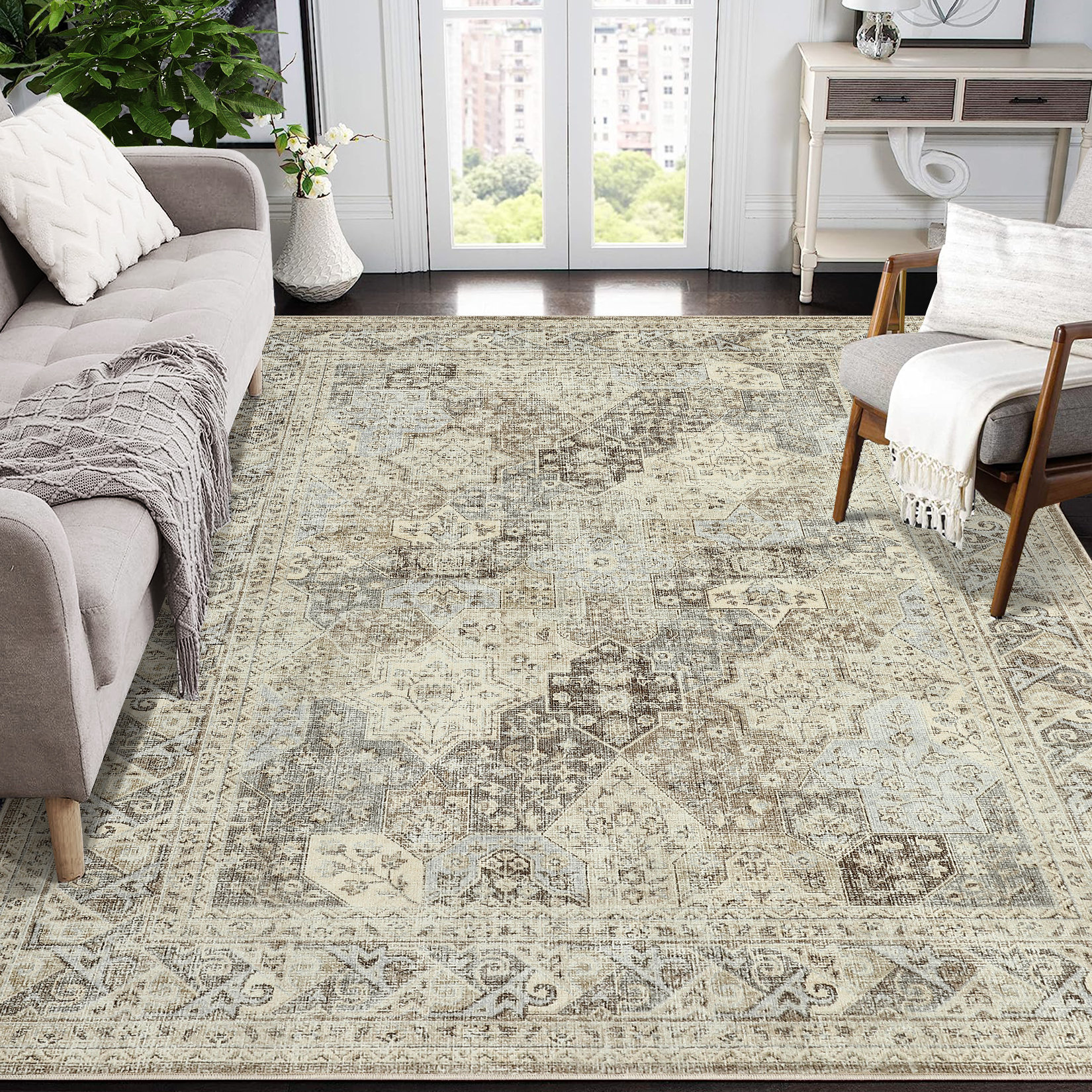 Polyester Barea Rug Example Bungalow Rose Sarto Oriental Machine Woven Polyester Area Rug in Beige ...