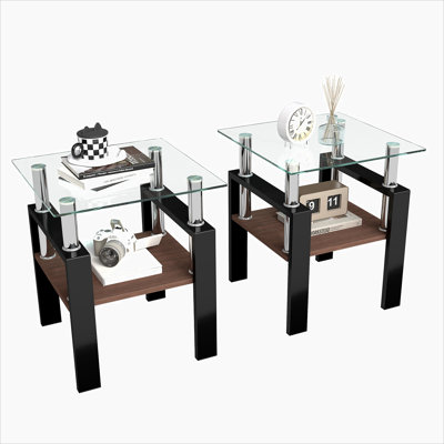 Set of 2 Modern Tempered Glass Tea Table ,Tempered Glass Tabletop with MDF Layer,Coffee Table,End Table, Square Table for Living Room