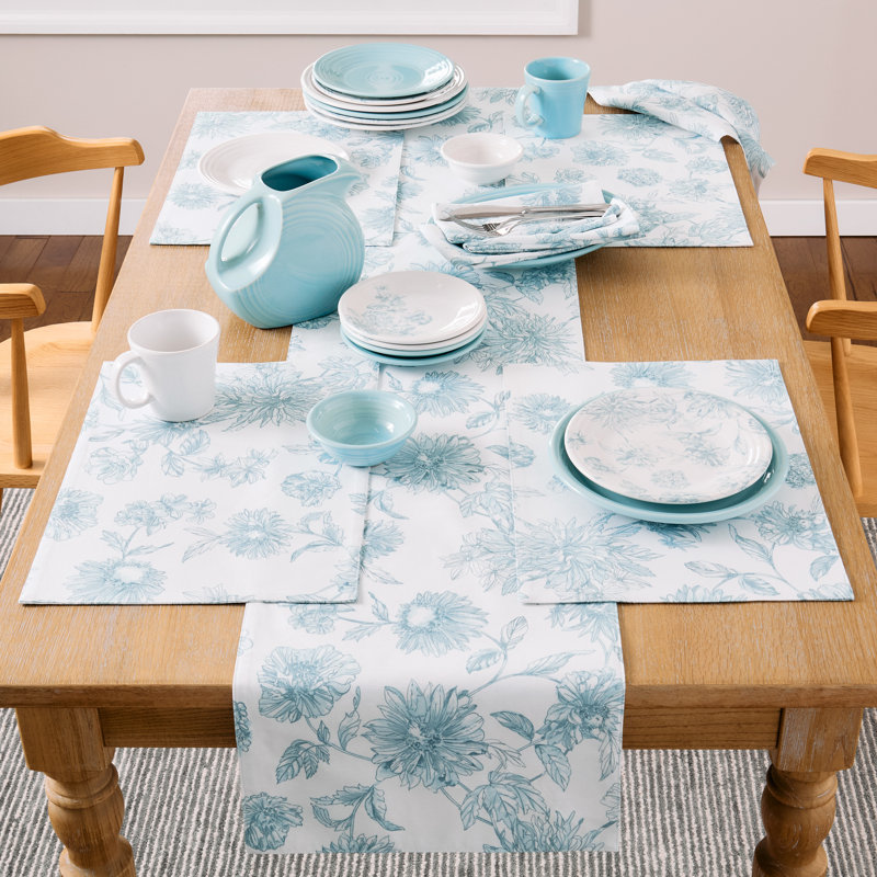 FIESTA Botanical Floral Table Runner, White/Blue, 72"