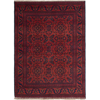 Tapis unique en laine noué à la main rouge de 4 pi 11 po x 6 pi 8 po Lexi-Mai