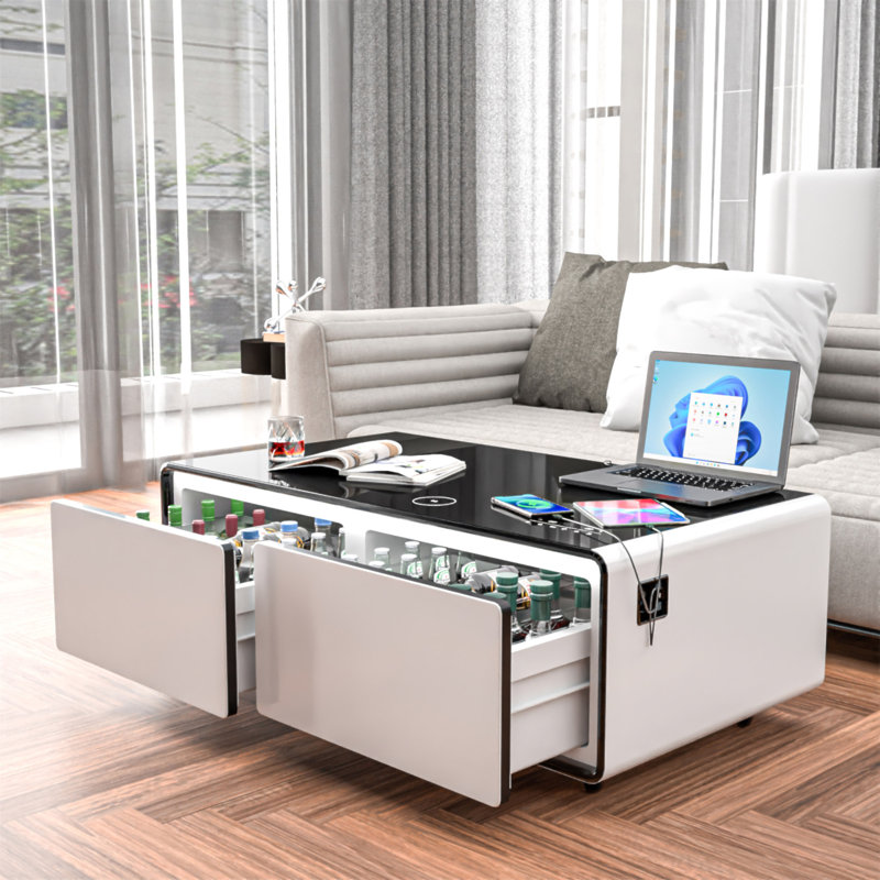 Table basse moderne intelligente avec réfrigérateur intégré, haut-parleurs Bluetooth, chargement sans fil, prise de courant, ports USB, lumière RVB, blanc