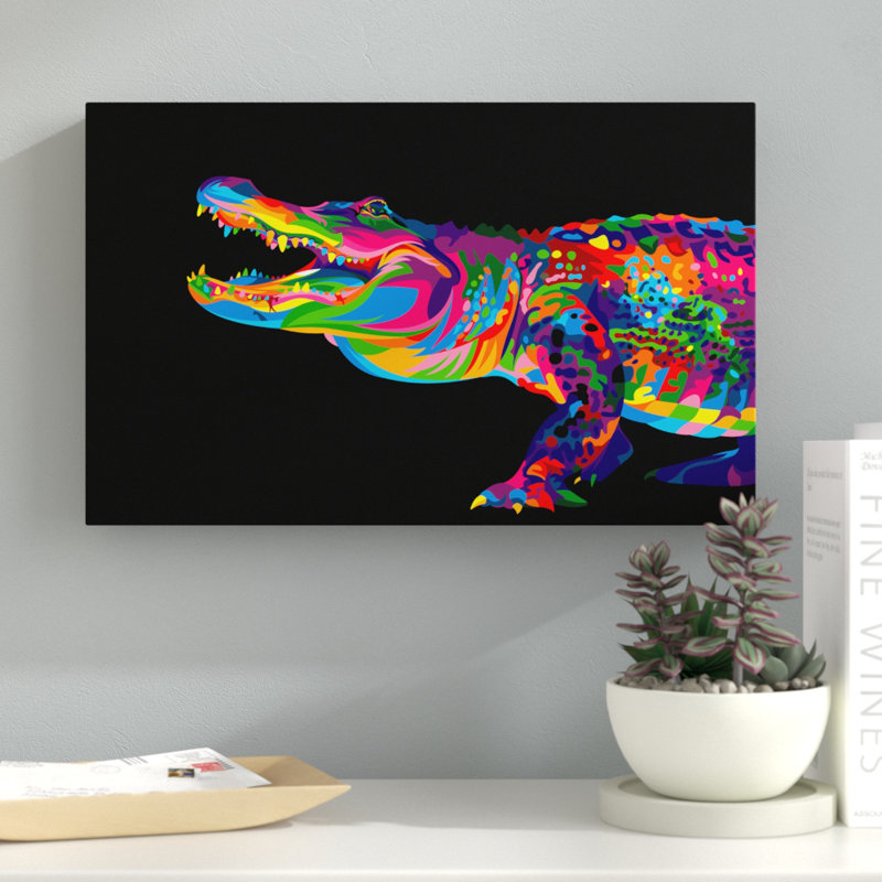 « alligator on black », reproduction d’impression sur toile tendue, H 12 po x l 19 po x P 2 po