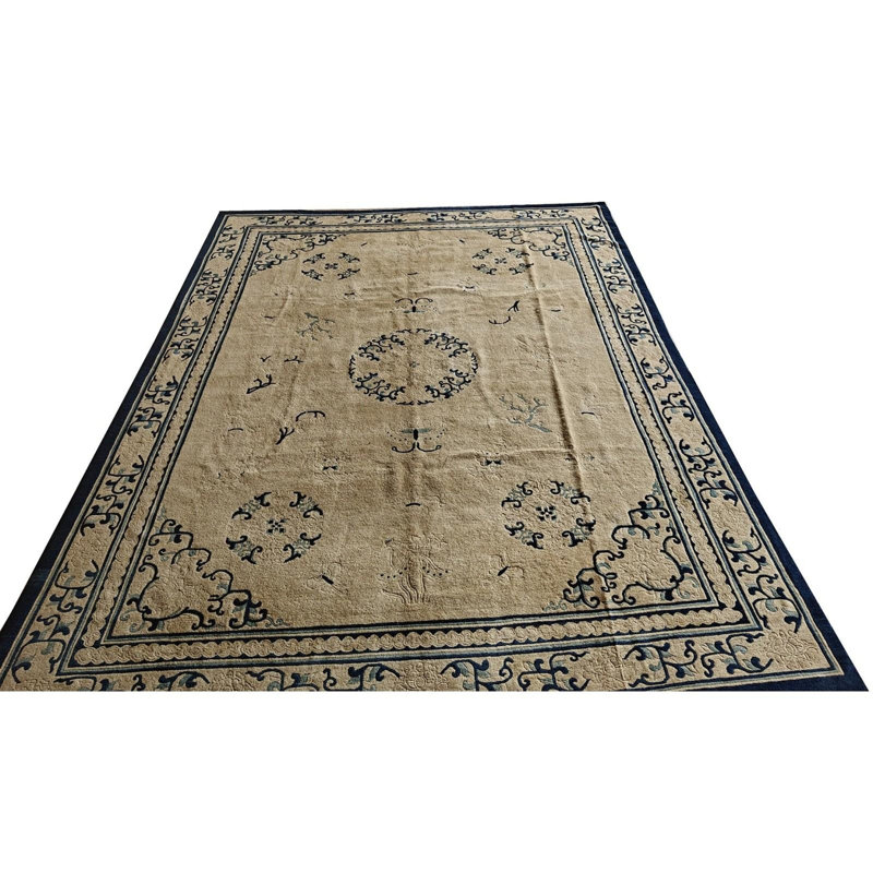 1920s Beige Ground Medallion Traditional Motif Antique Chinese Peking Wool Rug 6'0" x 9'0"