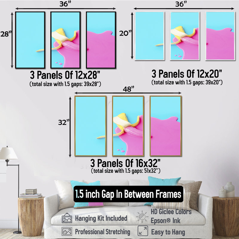 Banane rose et bleue - ensemble d'art mural moderne sur toile encadrée 3 pièces, H 32 po x l 48 po x P 1 po, Blanc