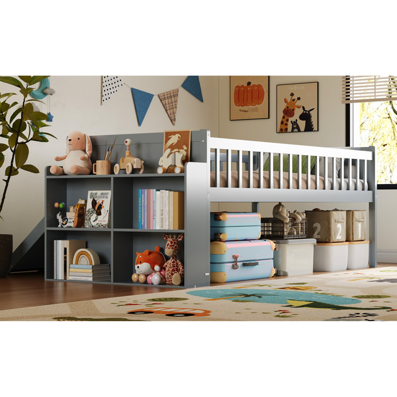 Lit plateforme avec garde-corps, tablette de rangement simple, glissade et cadre en bois gris, aucun sommier requis, installation rapide du cadre