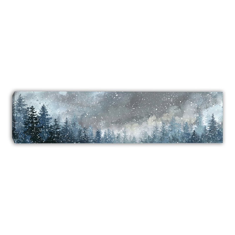 «Snowfall over Winter Pine Forest», art mural sur toile, 12 po x 48 po