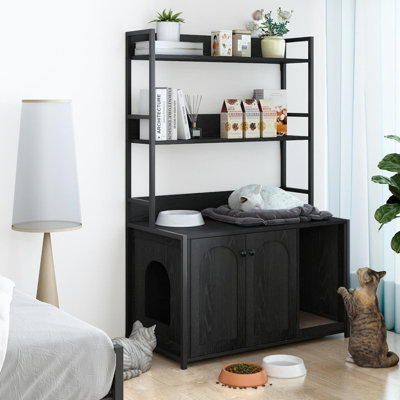 Enceinte cachée pour litière avec 2 tablettes de rangement et bloc-notes, bibliothèque pour chat noir