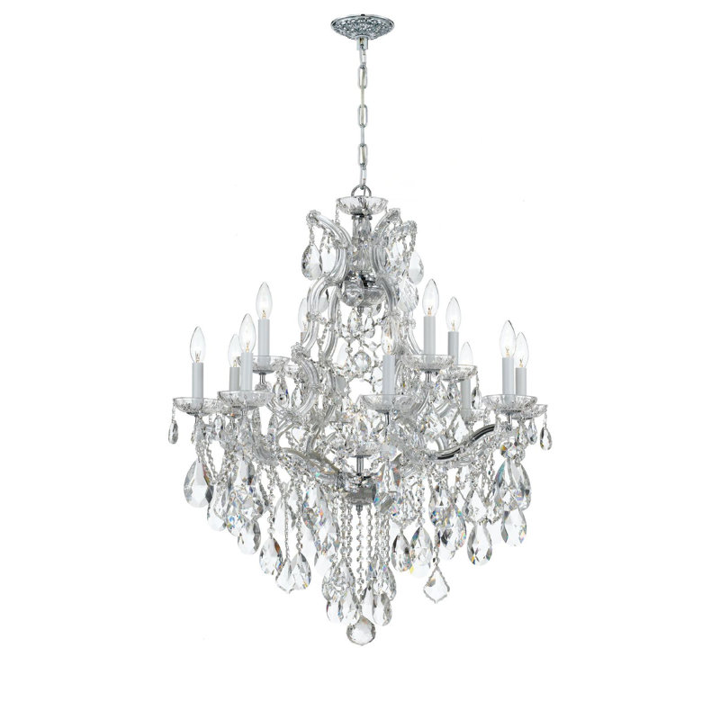 Lustre classique de style bougie à 13 lumières avec détails en cristal Weekes, Majestueux bois poli / chrome