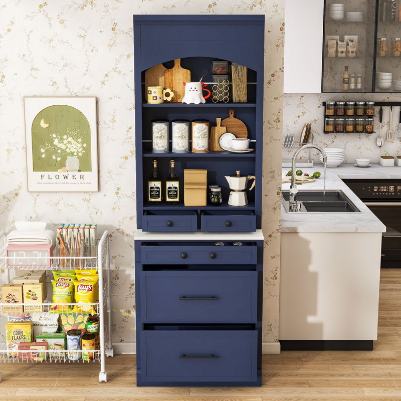 Grand garde-manger autoportant élégant avec comptoir en faux marbre, tablette réglable et tiroirs, Bleu
