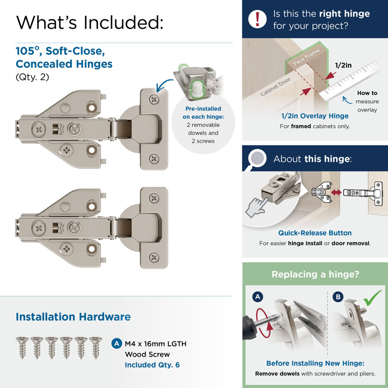 Nickel Soft Close Euro Concealed Cabinet Hinge Pair