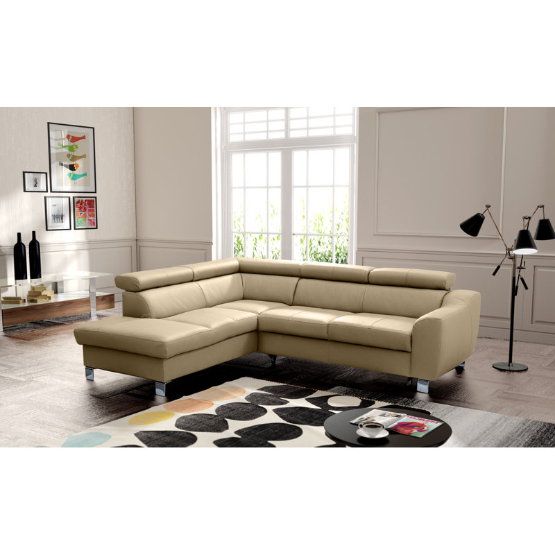 Aribel Faux Leather Corner Sofa with Sleeping Function and Storage Box with Adjustable Headrests , Beige, Left Hand Facing