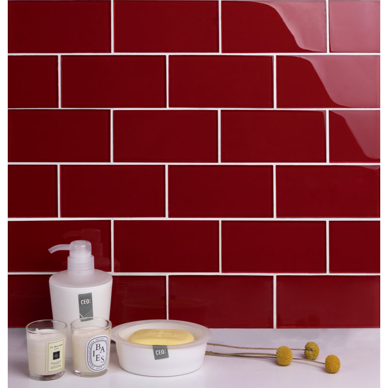 Premium 3" x 6" Straight Edge Glass Mosaic Subway Tile, American Red