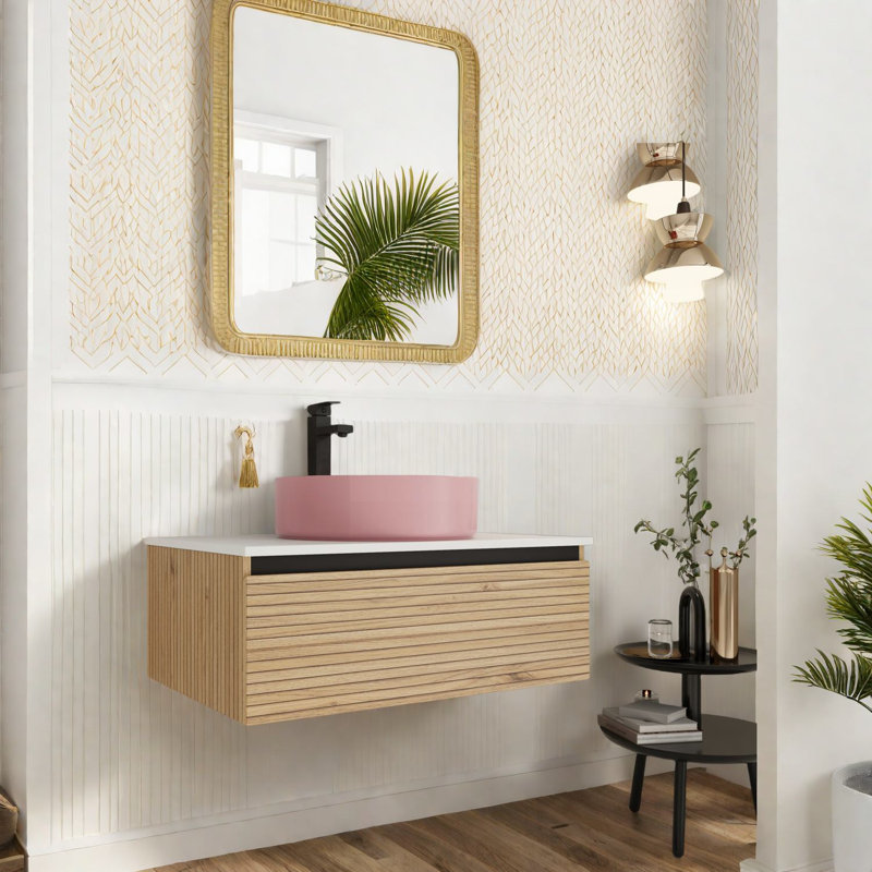 Meuble-lavabo mural moderne avec lavabo en céramique rose, finition café clair
