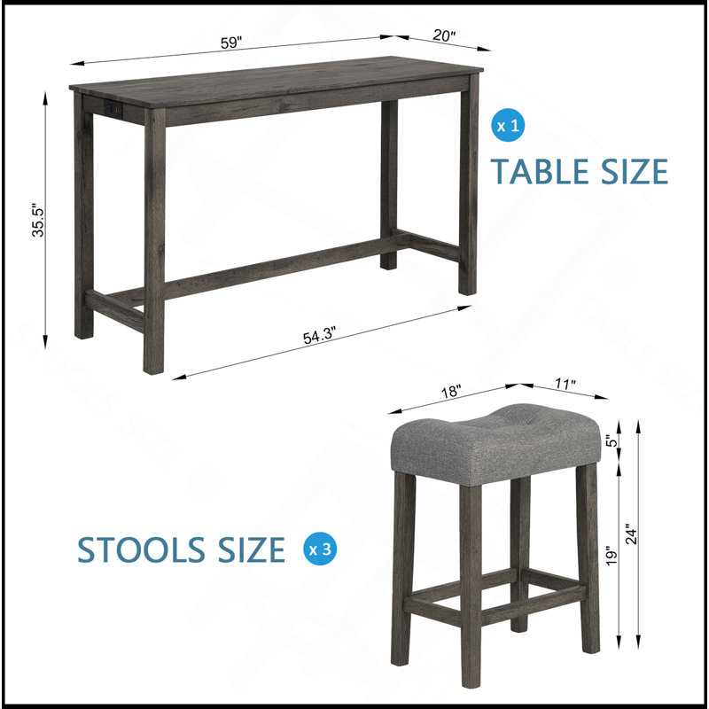 Ensemble de table de bar 4 pièces avec prise de courant, ensemble de table de bar avec chaises, table de bar avec tabourets, table de canapé avec 3 tabourets rembourrés, pour le salon, la salle à manger, gris foncé