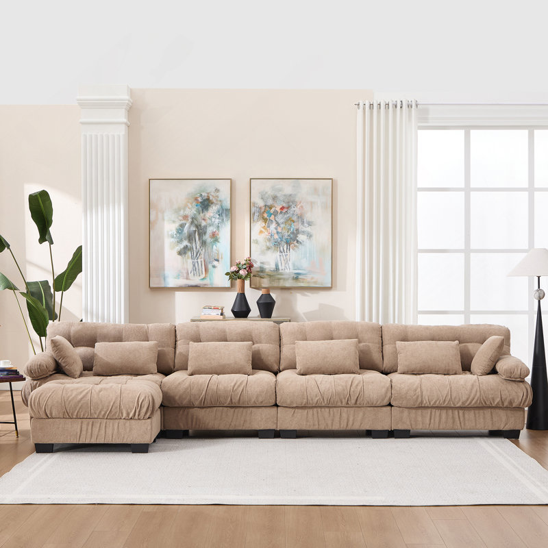 Canapé modulaire modulaire Cloud avec sièges profonds et accoudoirs ronds, H 35 po x l 158 po x P 57 po, Marron clair