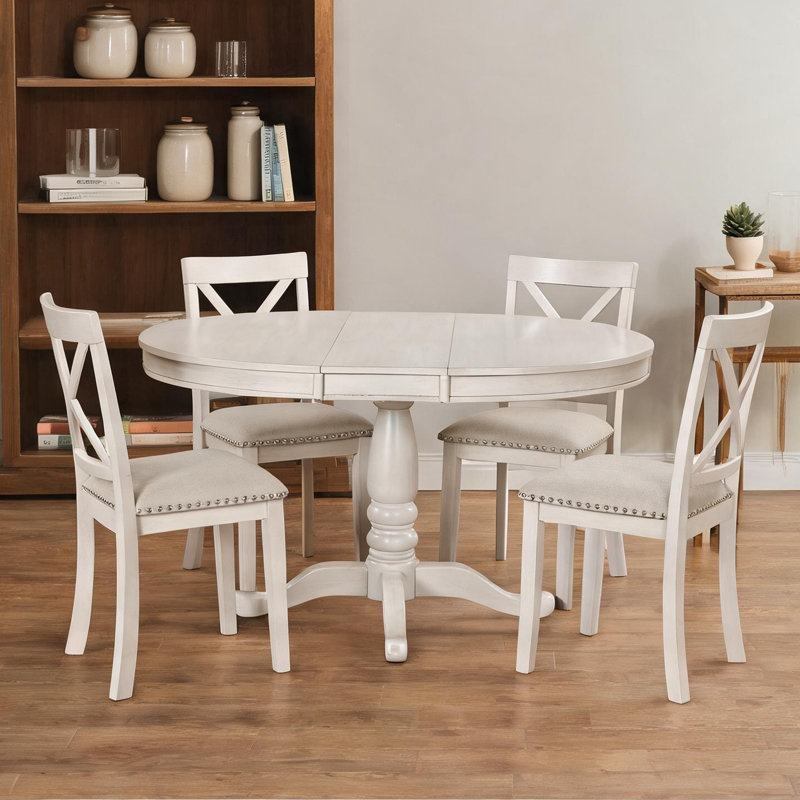 Ensemble de salle à manger rond 5 pièces blanc doux avec structure en bois massif et placage en bois véritable pour cuisines compactes
