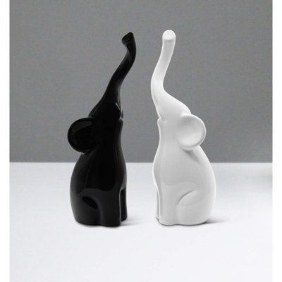 Loving Pair Of Elephants In Black And White Modern Ceramic Sculpture