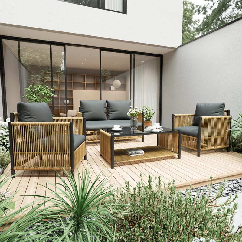 Ensemble de mobilier de patio, ensemble de conversation de patio 4 pièces - 2 chaises d'extérieur et 1 causeuse avec coussins, 1 table basse 