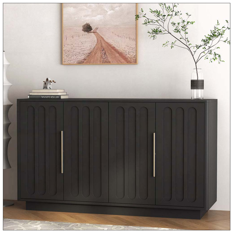 Buffet moderne avec rangement, grand buffet cannelé avec tablettes réglables Modern, Black