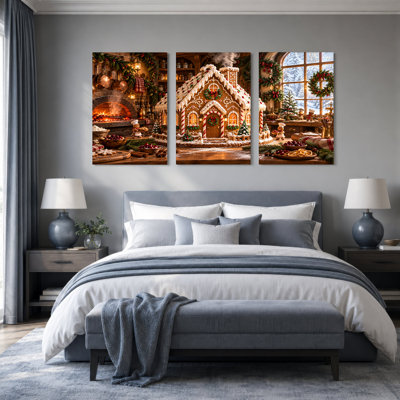 Maison en pain d'épice avec vue enneigée par la fenêtre - Ensemble de 3 toiles murales de Noël