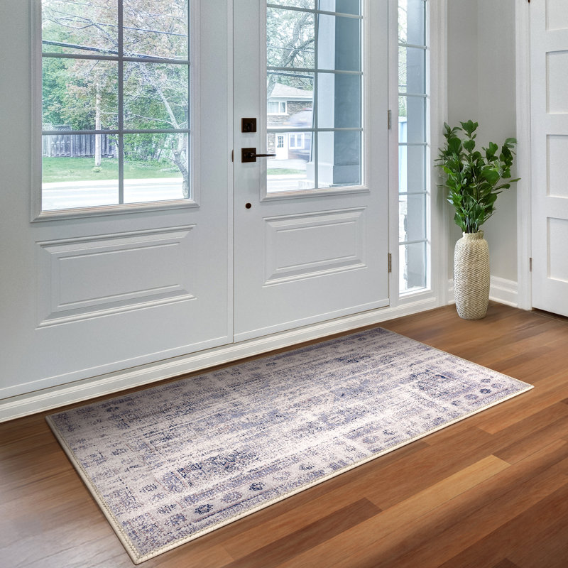Sorbus Welcome Mat Rug for Entryway, Machine Washable, Non-Slip, Vintage Rug - Blue (Border), 2 x 3 Ft., Rectangle 2' x 3'