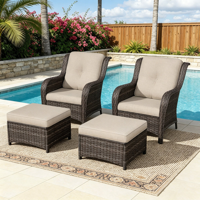 Ensemble de conversation pour 2 personnes en polyéthylène (PE) avec 2 chaises et 2 repose-pieds, Beige
