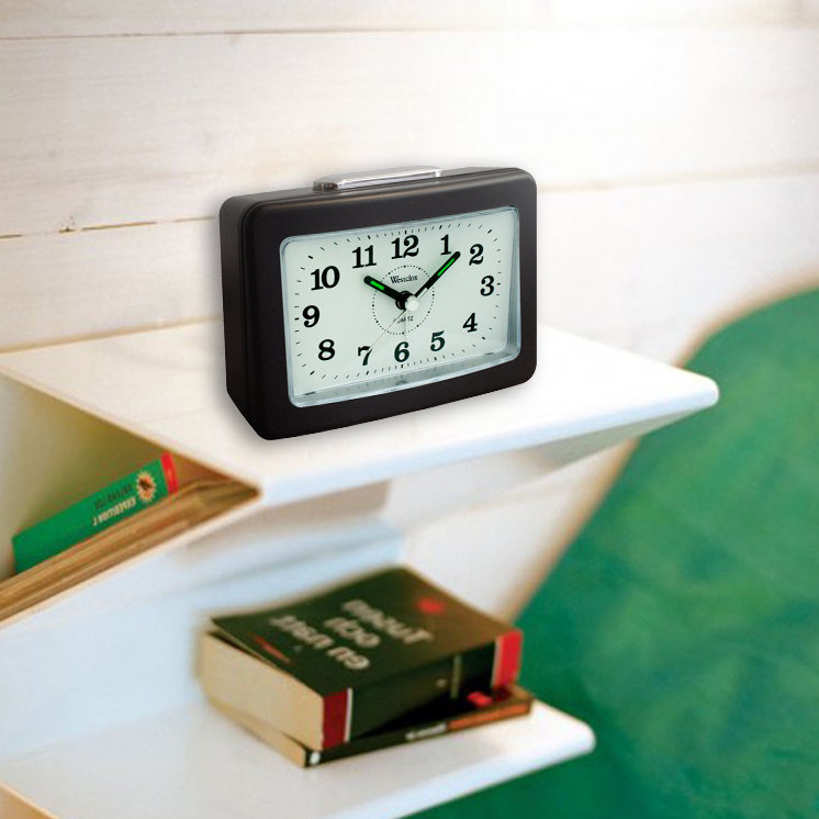 Black Quartz Analog Alarm Clock with Loud Bell and Crystal Tabletop