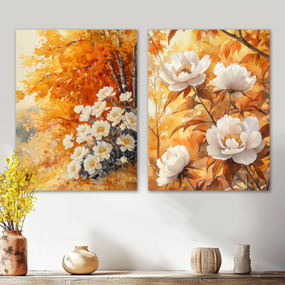 Pivoines par l'érable automne I - ensemble de 2 reproductions d'art botaniques blanches en métal