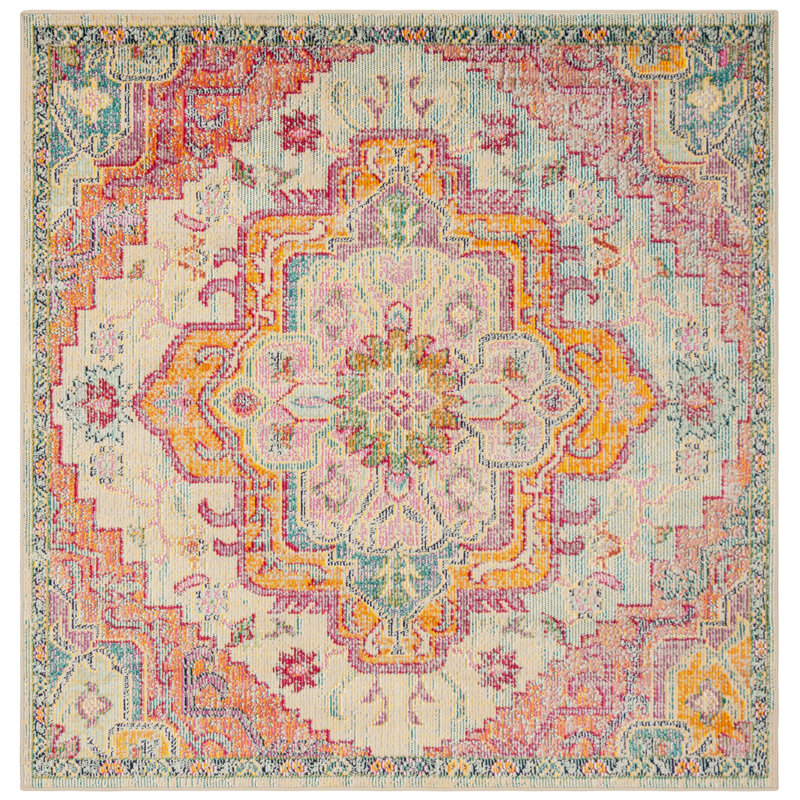 Tapis oriental bleu clair / fuchsia Gonzalez, Carré 5 pi
