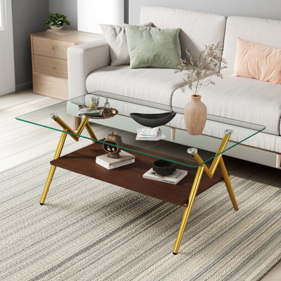 Rectangle Coffee Table with Tempered Glass top and Golden Metal Legs, Modern Table for Living Room , Transparent Glass
