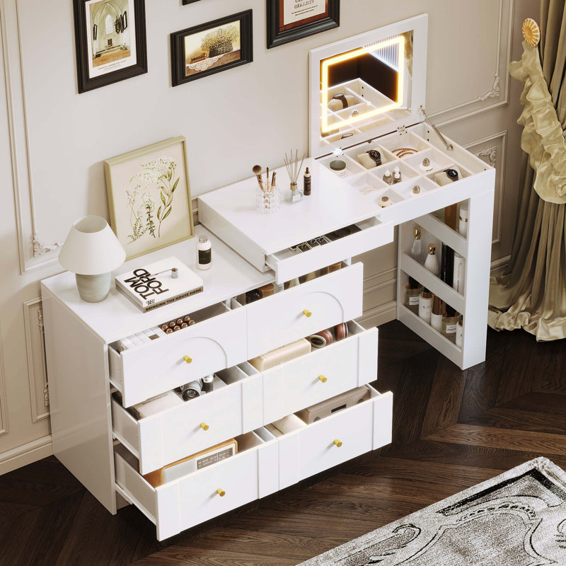 Bureau de coiffeuse blanc avec miroir et lumières, table de maquillage rabattable avec 7 tiroirs, 9 compartiments et 3 tablettes, 3 modes de couleur réglables pour la chambre à coucher
