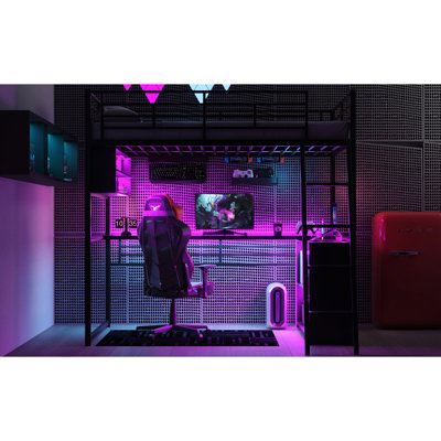 Lit mezzanine en métal avec rangement à DEL, bureau et 4 tablettes de rangement - DEL pleine grandeur, tablettes et caractéristiques