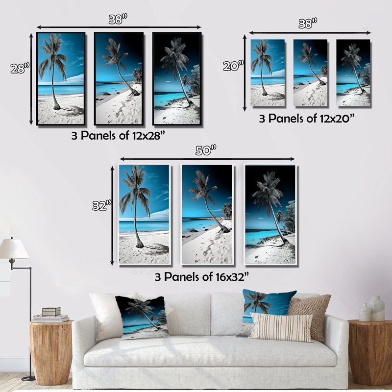 Turquoise et gris, photo de plage Monochome - ensemble d'art nautique et de plage de 3 pièces, Encadré naturel