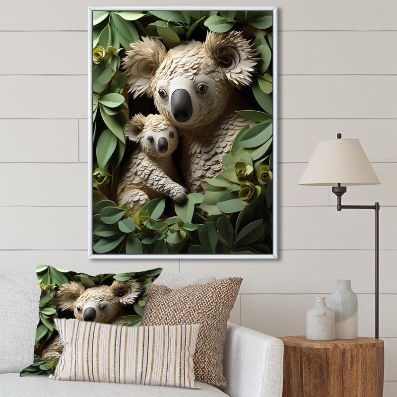 Cuddly Koala Family - Koala Animal, art mural, Cadre flottant blanc, H 40 po x l 30 po x P 1,5 po