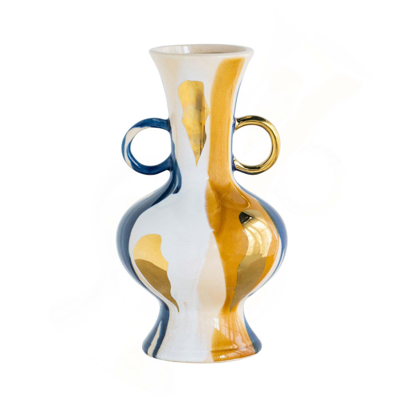 Vase rond en céramique avec petites poignées et design d'inspiration rétro pour la décoration intérieure