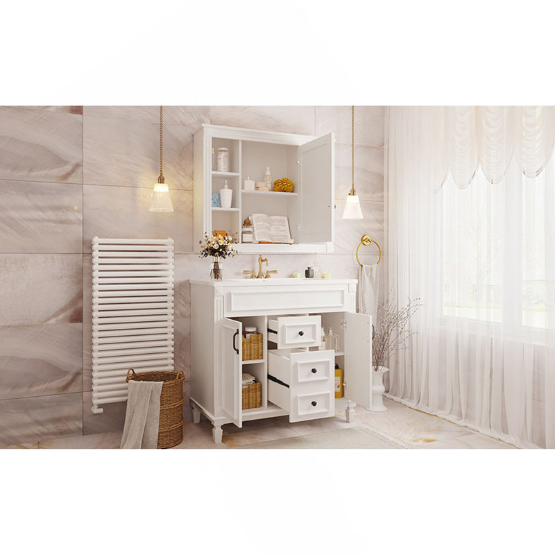 Meuble-lavabo de 36 po avec lavabo supérieur, armoire à miroir, armoire de rangement moderne avec 2 portes à fermeture douce et 2 tiroirs, meuble-lavabo simple