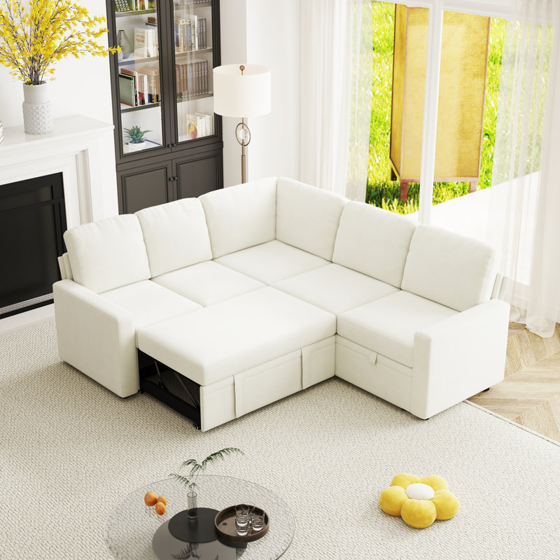 81-Inch Chenille Sectional Sofa Bed (With Pull-Out Bed), U-Shaped 5-Seater Modular Sofa (With Storage), Beige Chenille