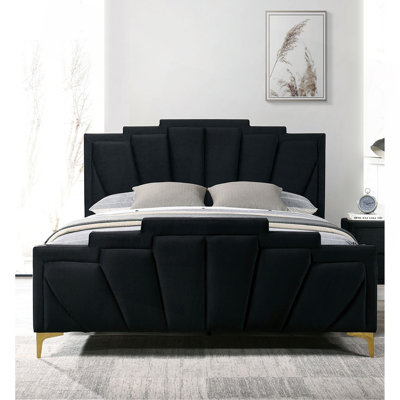 Glam Classic Black Flannelette Fully Upholstered Queen Size Bed Shell Tufting Padded HB 1Pc Bedframe